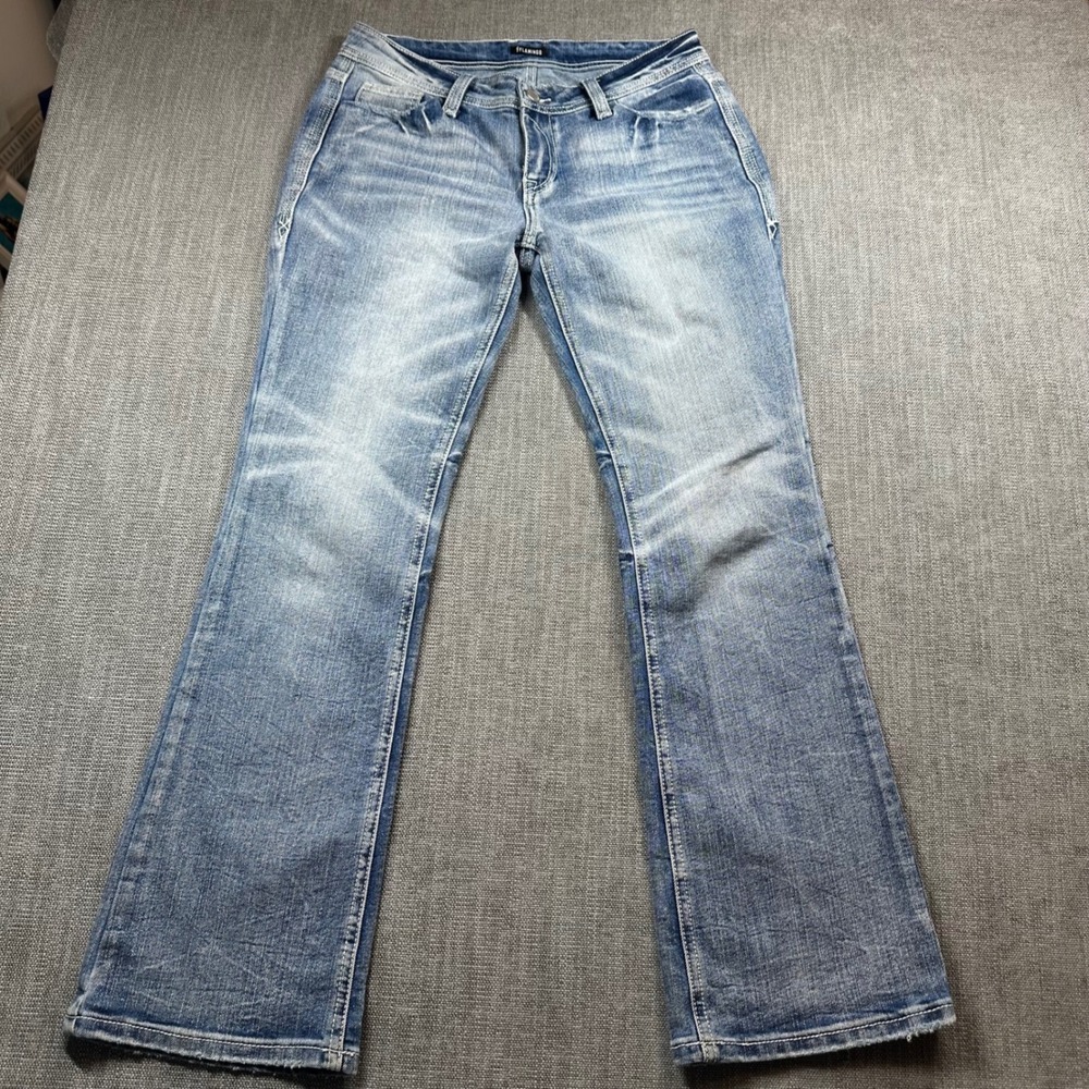 Flamingo Bootcut Jeans Women Size M Blue Whiskered Flap Pocket Stretch Denim